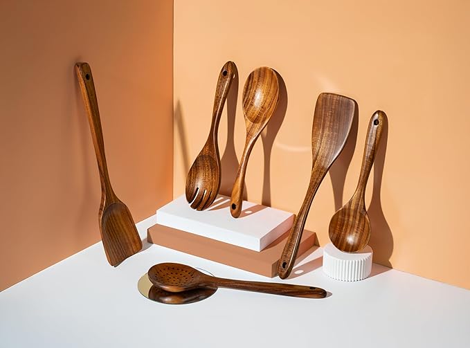 New Kitchen 6 Piece Non Toxic Wooden Spoons for Cooking - Smooth Finish Teak Kitchen Utensils Set - Non-Stick Wooden Spatula Perfect for Pasta, Mixing and Kitchen Essential and Gift