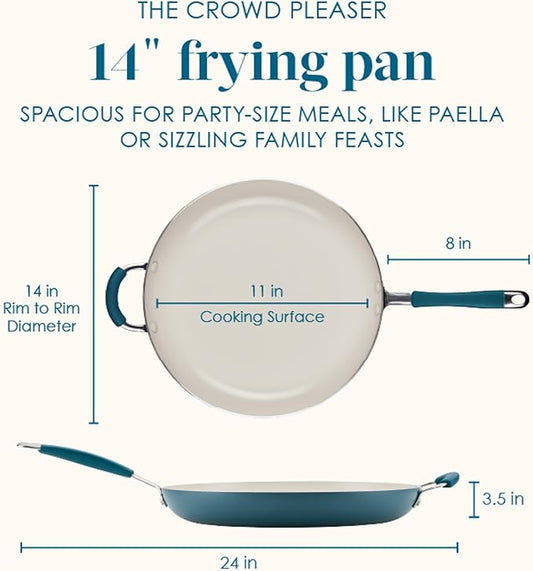 Rachael Ray Cucina Ceramic Nonstick Frying Pan/Skillet, Dishwasher Safe, 14 Inch Open Fry Pan - Marine Blue