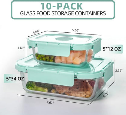 10 Pack Glass Meal Prep Containers, Airtight Food Storage Containers with Lids, Glass Containers for Lunch Built in Air Vents, Dishwasher Safe, Mint Green