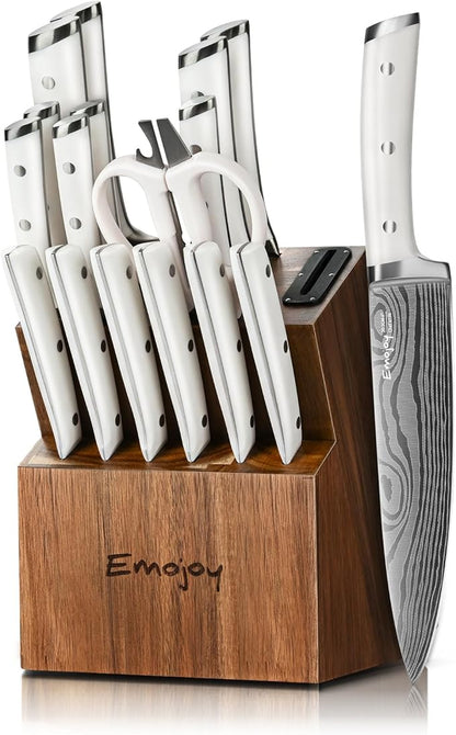 Emojoy Knife Set, 18 Piece Kitchen Knife Set with Block and Built-in Sharpener, Full Tang German Steel Knife Block Set for Kitchen, Razor Sharp Knives Set with Wooden Block