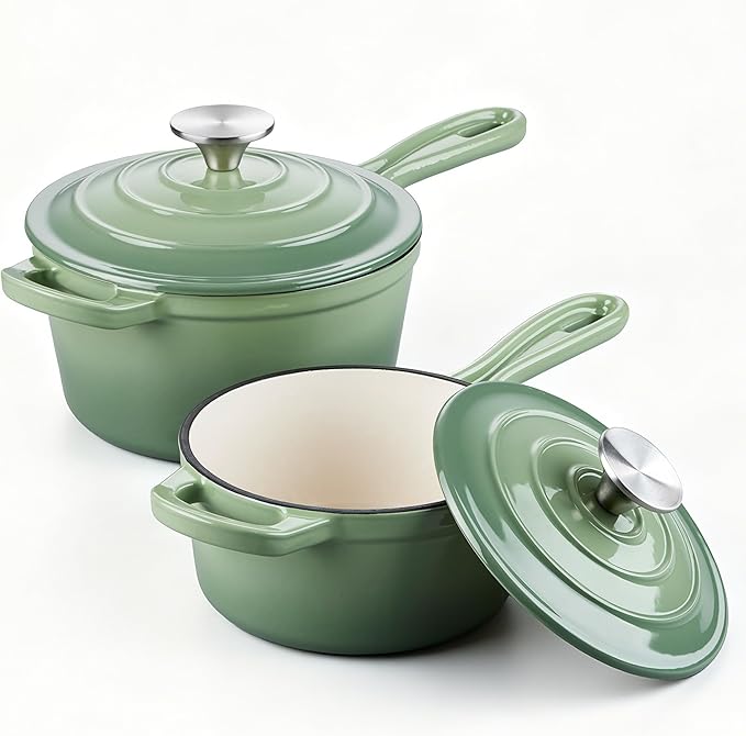 E-far 1Qt & 2Qt Sauce Pan Set, Enameled Cast Iron Saucepans Pot with Self-basting Lids, Heavy Duty Small Dutch Oven for Stove, Induction-Ready & Easy Clean, Pistachio Green