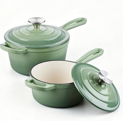 E-far 1Qt & 2Qt Sauce Pan Set, Enameled Cast Iron Saucepans Pot with Self-basting Lids, Heavy Duty Small Dutch Oven for Stove, Induction-Ready & Easy Clean, Pistachio Green
