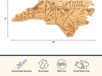 Totally Bamboo Destination North Carolina Shaped Cutting Board – Bamboo Charcuterie and Serving Board with Hang Tie for Wall Display