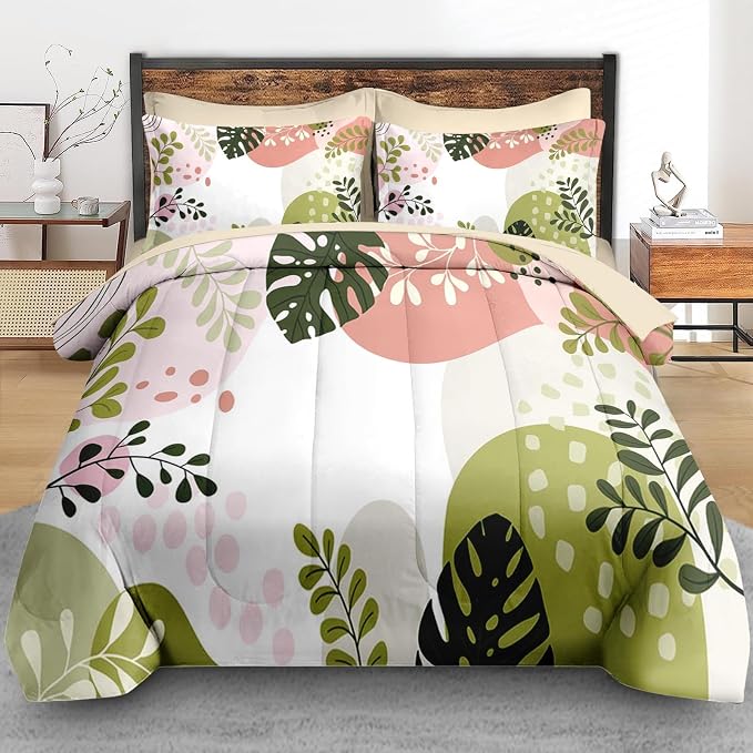 Pamnest Comforter Set King Size, Tropical Leaves Flower 7 Pcs Bedding for Kids and Adults, Vintage Floral Bed Sheet Sets with Fitted Sheet 2 Pillowcase & 2 Sham for Bedroom Bed Decor