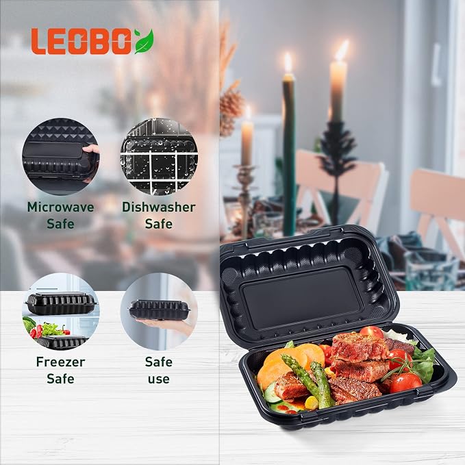 50-Pack 27oz 9x6 Black To Go Container - Shrink Wrapped No Pre-Wash | Sturdy BPA Free | Reusable & Secure Seal | Microwave, Freezer Safe Boxes For Restaurant, Catering, BBQ & Leftovers