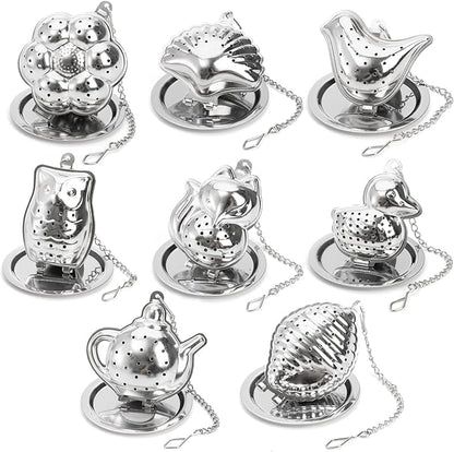 Elsjoy Set of 8 Loose Leaf Tea Infusers with Chain and 8 Drip Trays, 18/8 Stainless Steel Tea Balls Cute Tea Steepers, Mini Tea Strainer Tea Filter Set for Mugs, Tea Cups, Teapots, 16 Pcs