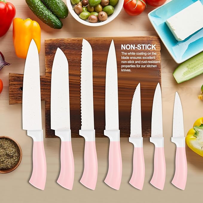 Knife Set, 15 Pcs Pink Kitchen Knife Set, Anti-Rust Non Stick Stainless Steel Sharp Pink Chef Knife Sets with Block, Ergonomic Non-slip Handle Knife Block Set with Steak Knife, Bread Knife, Scissors