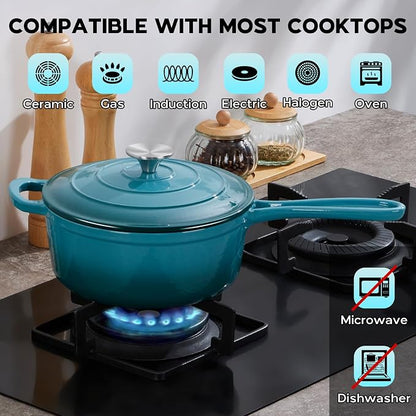 Onader 3QT Enameled Cast Iron Saucepan with Lid, Small Sauce Pan, Enamel Cast Iron Dutch Oven Cooking Pot, Nonstick & Heavy Duty – Dark Cyan