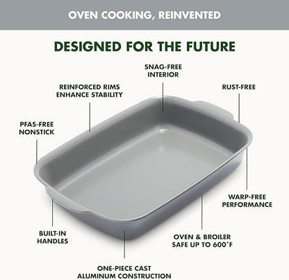 GreenPan Premiere Ovenware Healthy Ceramic Nonstick 13" x 9" Rectangular Baking Pan, Cast Aluminum Bakeware, Warp-Free, Oven and Broiler safe to 600F,Dishwasher Safe, PFAS-Free, Gray