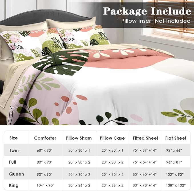 Pamnest Comforter Set King Size, Tropical Leaves Flower 7 Pcs Bedding for Kids and Adults, Vintage Floral Bed Sheet Sets with Fitted Sheet 2 Pillowcase & 2 Sham for Bedroom Bed Decor