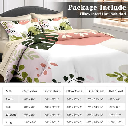 Pamnest Comforter Set King Size, Tropical Leaves Flower 7 Pcs Bedding for Kids and Adults, Vintage Floral Bed Sheet Sets with Fitted Sheet 2 Pillowcase & 2 Sham for Bedroom Bed Decor