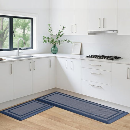 KitchenClouds [2 PCS Kitchen Rugs Cushioned Anti-Fatigue Kitchen Mats for Floor Waterproof Kitchen Rug Set Non-Slip Comfort Standing Mat for Office, Sink, Laundry 17.3"×29"+17.3"×47",Blue