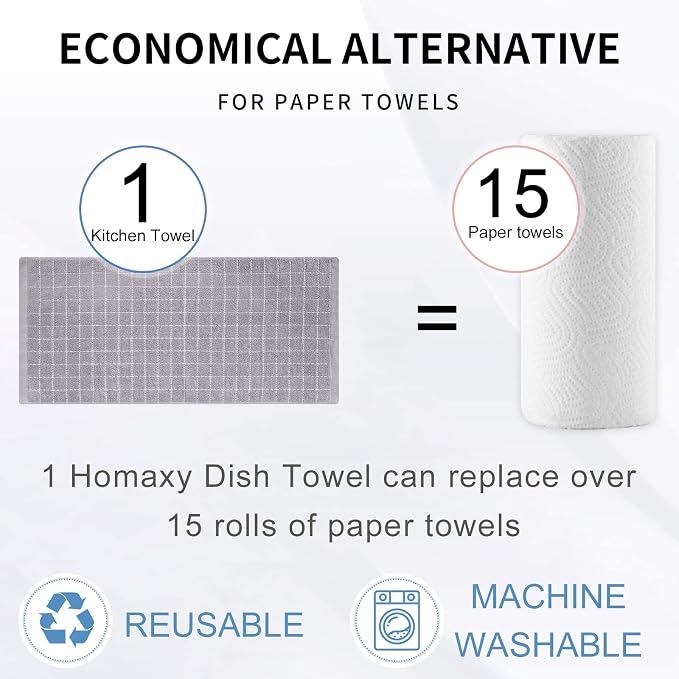 Homaxy 100% Cotton Terry Kitchen Towels(Light Grey, 13 x 28 Inches), Checkered Designed, Soft and Super Absorbent Dish Towels, 4 Pack