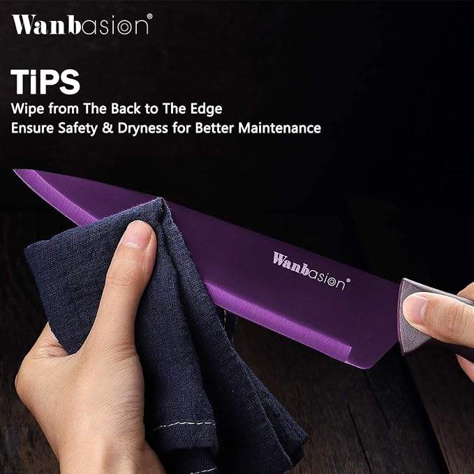 Wanbasion Purple Stainless Steel Knife Set, Sharp Kitchen Knife Set Professional, Kitchen Knife Set Dishwasher Safe with Covers for Cooking