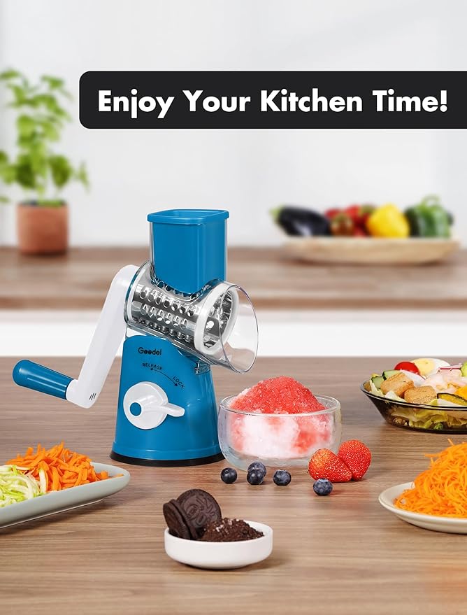 Geedel Rotary Cheese Grater Cheese Shredder - Upgraded 5-in-1 Cheese Grater with Handle and Strong Suction Base, Multi-purpose Vegetable Slicer Ice Shaver Nuts Grinder for Cheese, Vegetables, Ice
