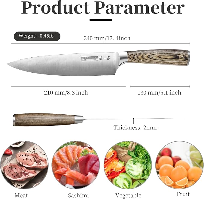 ZHANG XIAO QUAN Chef Knife, 8 Inch 1.4116 German Steel Sharp Kitchen Knife with Pakkawood Handle, Comfortable for Cooking Cutting