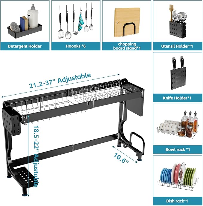 Over the Sink Dish Drying Drainer Rack - Height & Width Adjustable Large Capacity Stainless Steel Kitchen Storage Organization Plate Strainers Above Kitchen Counter (W21.2-37" ~ H18.5-22" Black)