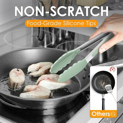 Hotec Mini Silicone Kitchen Tongs for Cooking - 7-Inch Small Serving Tongs with Silicone Tips, Set of 3 (Light Green)