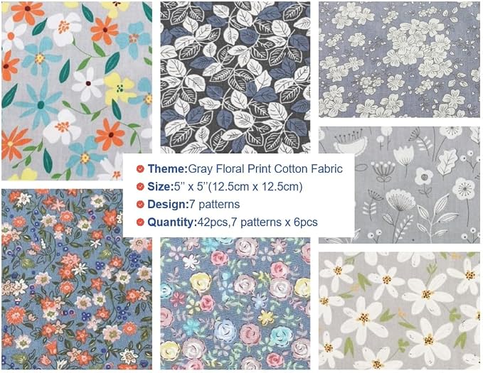 5X 5 inches 100% Cotton Fabric Square Bundles,Precut Quilting Gray Floral Printed Fabric Squares Sheets Patchwork,DIY Sewing Scrapbooking,Quilted Artcraft 42Pcs …
