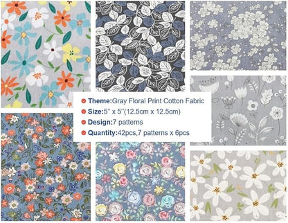 5X 5 inches 100% Cotton Fabric Square Bundles,Precut Quilting Gray Floral Printed Fabric Squares Sheets Patchwork,DIY Sewing Scrapbooking,Quilted Artcraft 42Pcs …