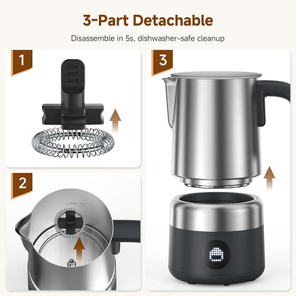 Milk Frother and Steamer [Upgraded], AMZCHEF All-in-1 Detachable Frother for Coffee 600W, Automatic Warm and Cold Foam Maker, Stainless Steel Jug, Dishwasher Safe, LED Display