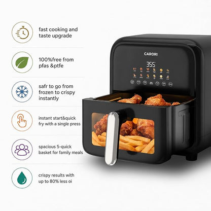 CARORI 7.5 Qt Air Fryer with Viewing Window, 12 Presets and DIY Mode, 1700W, Large Nonstick Dishwasher-Safe Basket, Air Fry, Bake, Roast, Reheat, Dehydrate, Black