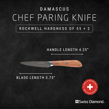 Swiss Diamond Paring Knife, German Steel with Carbonized Ash Wood, Full Tang Handle, Damascus Blade Chef Knives Professional Grade, 55+2 Rockwell Hardness, 4.5 Inch