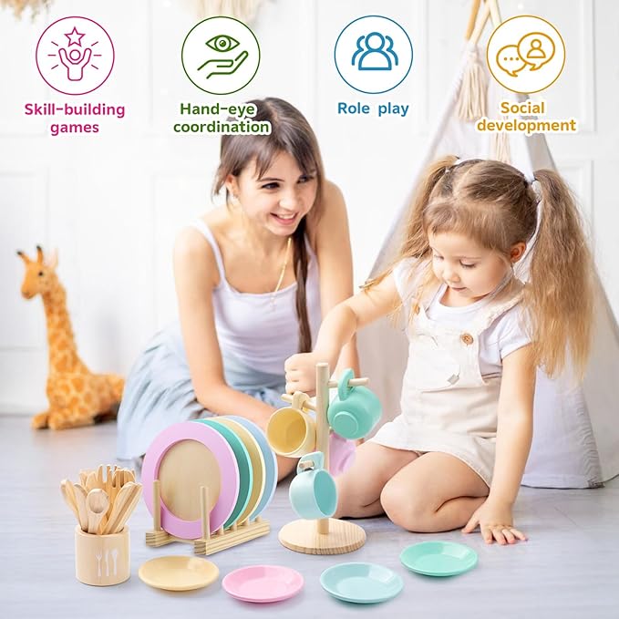 GAGAKU Kids Wooden Play Dishes Set -27Pcs Montessori Play Kitchen Accessories Plates and Bowls Set, Storage Stand & Play Food, Pretend Cooking Toys for Ages 3-5, Educational Gift for Toddler