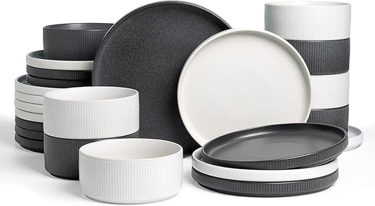 Famiware Star 24-Piece Reactive Glaze Plates and Bowls Sets, Service for 8 - Stoneware Dinnerware Set, High Edge Ribbed Dishes, Chip & Scratch Resistant, Microwave & Dishwasher Safe, White & Black