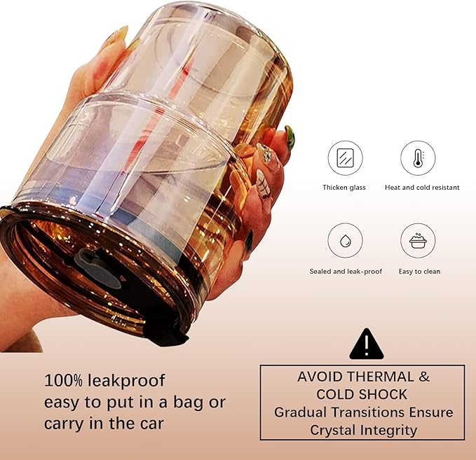 BLUEPOLAR 13 oz Tumbler Water Glass, Water Bottle with Straw and Dustproof Lid, Coffee Ice Cup Double Wall Insulated Glass Cup (Amber-4pack)