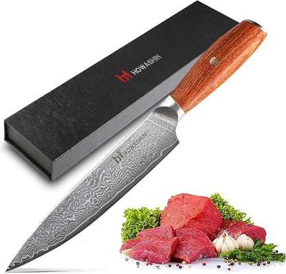 Chef Knife 8 Inch Japanese Steel Damascus Kitchen Knife VG-10 Super Stainless Steel Professional High Carbon Super Sharp Kitchen Cooking Knife, Ergonomic Santos Rose Wooden Handle