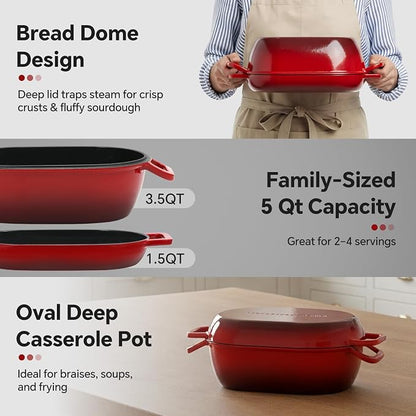 Northriver Casting Enameled Cast Iron Oval Dutch Oven for Bread Baking，12"x8" Bread Pot with Lid，Ideal for Sourdough, Artisan Loaves & Family Meals，5 Qt