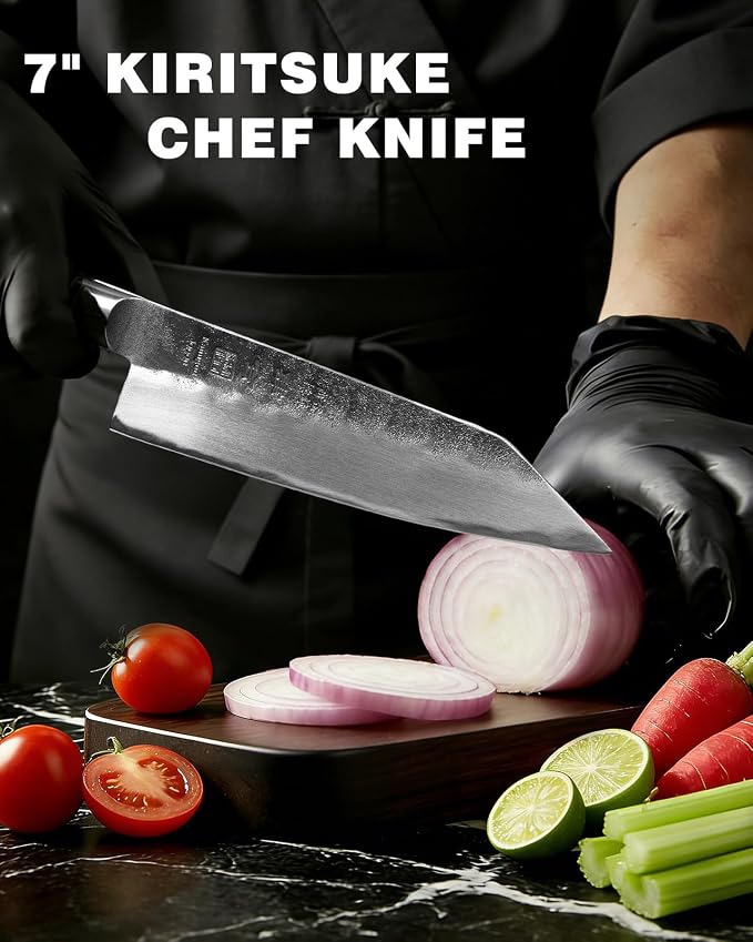 kanngou Japanese Chef Knife AUS-8 Alloy Steel 7 Inch Kiritsuke Knife, Razor Sharp Kitchen Cooking Knife with Full-Tang Black Pakkawood Handle and Gift Box