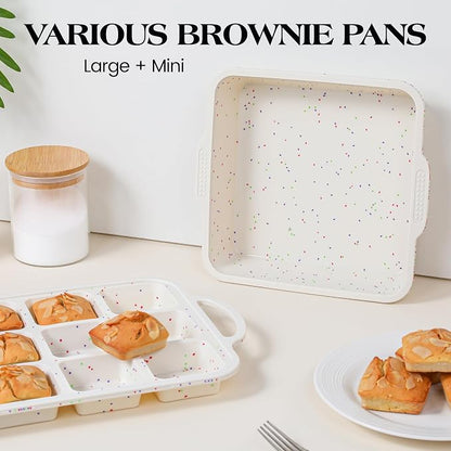 8x8 inch Silicone Square Cake Pan with Metal Reinforced Frame, Nonstick Brownie Pan for Baking, BPA Free Set of 2 (Cream)