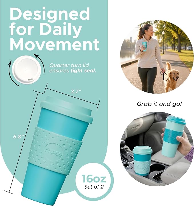 Copco Acadia 16oz Travel Mug with Lid, Set of 2 Double Wall Insulated Tumbler, Non-Slip Sleeve and BPA-Free - Microwave & Dishwasher Safe, Reusable Plastic To Go Travel Coffee Mug (Aqua/Mint)