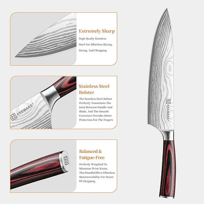 KEEMAKE Knife Set 5 Pieces, Professional Kitchen Knife Set, High Carbon Stainless Steel Chef Knife Set, Ultra Sharp Blade Knives Set for Kitchen with Ergonomic Pakkawood Handle & Gift Box