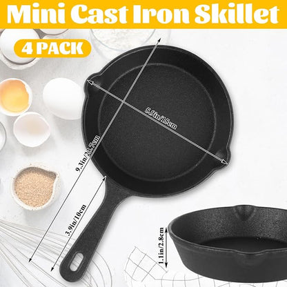 4 Pack Mini Cast Iron Skillet, 5.5 Inch Small Cast Iron Frying Pan, Pre-Seasoned Cast Iron Skillet Set, Black Non-Stick Mini Cast Iron Cookware for Stove Oven Grill Safe Indoor and Outdoor Use