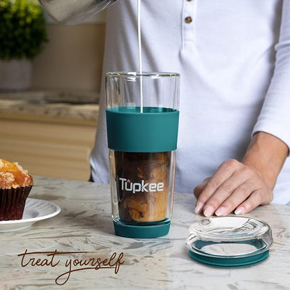 Double Wall Glass Tumbler - 14-Ounce, All Glass Reusable Insulated Tea/Coffee Mug & Lid, Hand Blown Travel Mug - Cyan