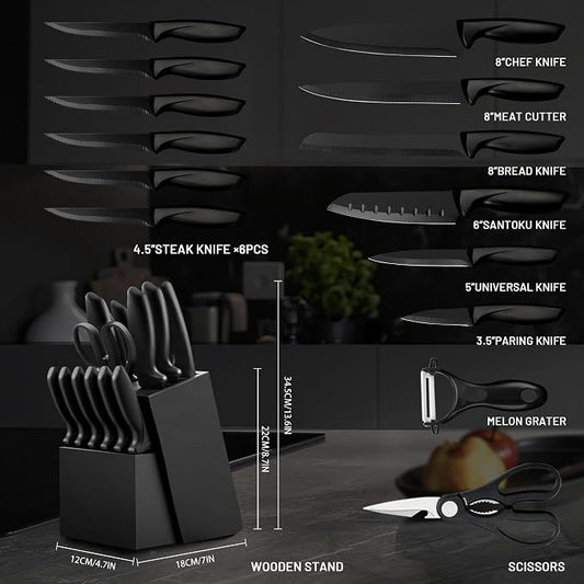 Knife Set, KroWallu 16 Pieces Knife Sets for Kitchen with Block, Dishwasher Safe Kitchen Knife Set with Built-in Sharpener, German Stainless Steel Black Knife Block Set