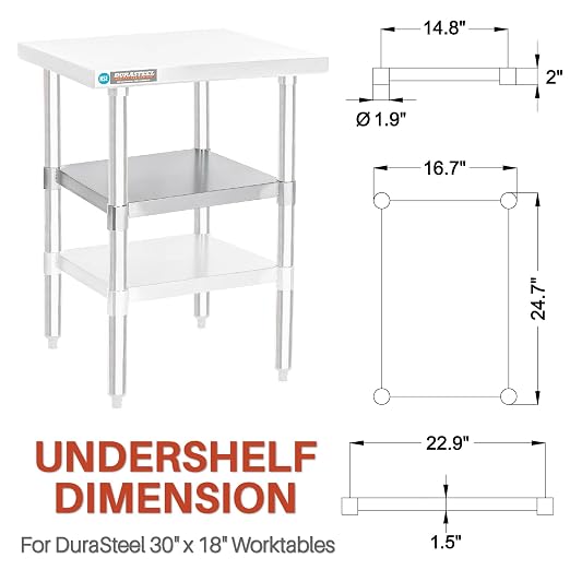 DuraSteel Galvanized Under Shelf for Work Tables - Extra Adjustable Lower Shelf for 30" x 18" Stainless Steel and Wooden Worktables - Fits for use in Restaurant, Warehouse, Home, Kitchen, Garage