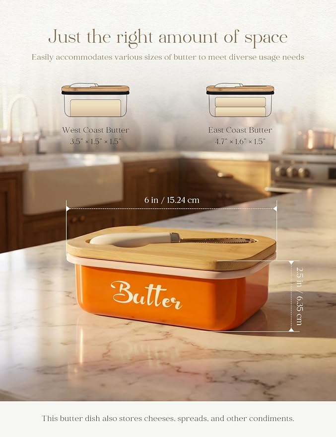 Butter Dish, Butter Dish with Lid for Countertop,Metal Butter Keeper with Stainless Steel Multipurpose Butter Knife, Large Butter Container with quality Silicone Good Kitchen Gift,Orange