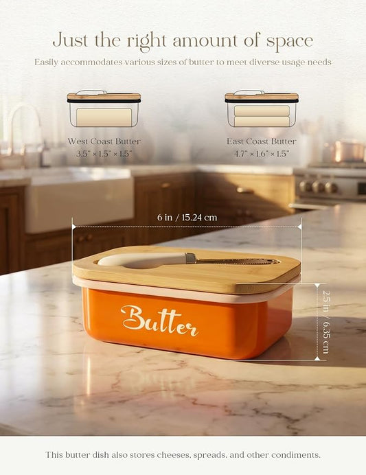 Butter Dish, Butter Dish with Lid for Countertop,Metal Butter Keeper with Stainless Steel Multipurpose Butter Knife, Large Butter Container with quality Silicone Good Kitchen Gift,Orange