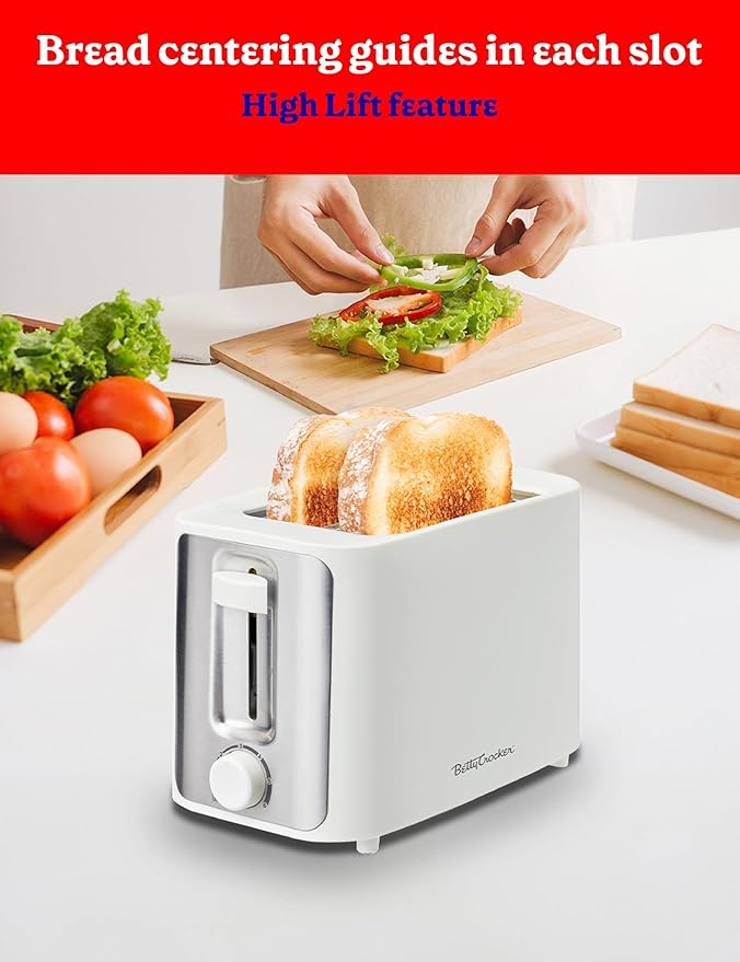 Betty Crocker 2-Slice Toaster, 900W, Variable Toast Shade Control, High Lift Feature, Cool Touch Housing, Bread Centering Guides, Drop Down Crumb Tray, BC-5632W, White