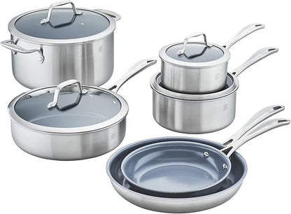 ZWILLING Spirit 3-ply 10-pc Stainless Steel Ceramic Nonstick Pots and Pans Set, Dutch Oven, Fry Pan