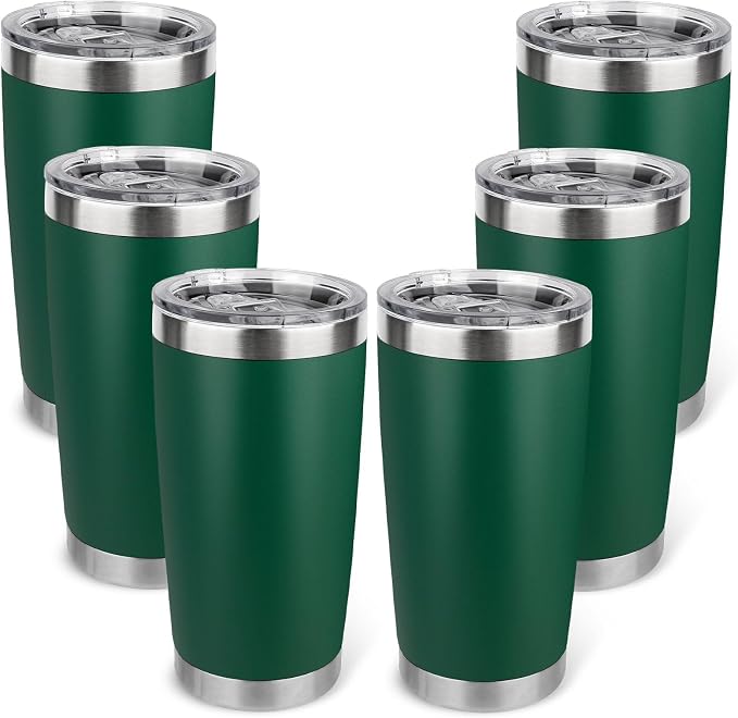 20oz Stainless Steel Tumbler Bulk with Lid, Travel Mug - Double Wall Vacuum Powder Coated Cup - Dark Green, 6 Pack