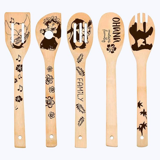 Birthday Gifts for Women - 5 PCS Leo and Stitc Wooden Spoons for Cooking,Engraved Cartoon Kitchen Accessories,Cute Cartoon Spatula for Kitchen Decor Stitc Kitchen Stuff,Lelo and Stitc Gifts