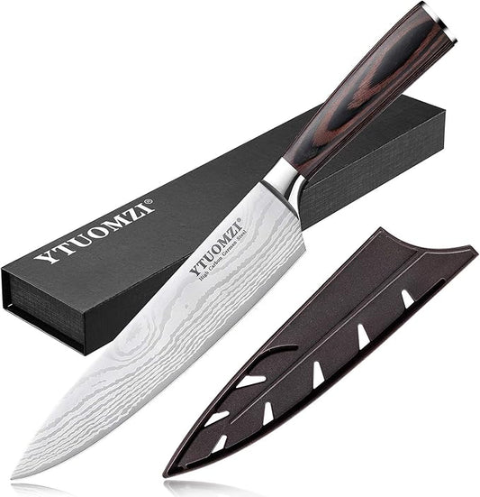 8" Chef's Knife, Professional 8-inch Chef Knife with Sheath, German High Carbon Stainless Steel Kitchen Knife for Home Cooks & Culinary Experts, Ergonomic Pakkawood Handle, Gift Box