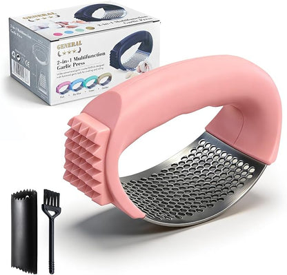 Garlic Press Rocker 304 Stainless Steel Garlic Mincer Crusher Easy to Clean Dishwasher Safe Textured End for Light Tenderizing, with Silicone Peeler and Cleaning Brush (Pink)