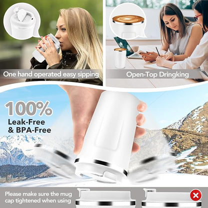 Volhoply 12 oz Double Wall Insulated Vacuum Travel Coffee Mug with Flip Lid,Reusable Stainless Steel Leak Proof Coffee Cup,Portable Iced Cafe Thermal Tumbler Suitable for Hot&Cold Drinks(White,1 Set)