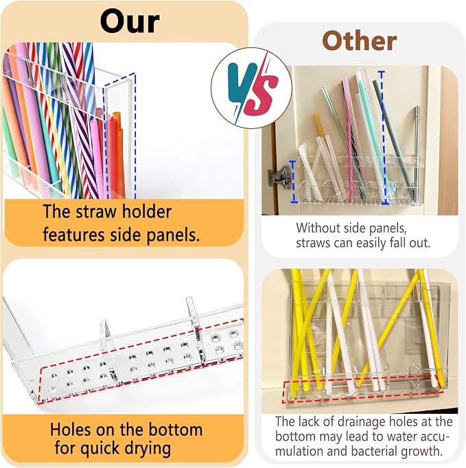 NTIERA 9.5" Large Acrylic Straw Holder for Cabinet Door-Reusable Tumbler Straw Organizer Storage,Small Kitchen Organizers and Storage Accessories Container, Ultra Sticky Cupboard Door Mounted(Black)